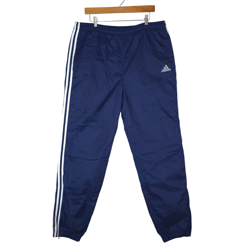 Vintage 90s Adidas Track Pants Mens L Navy Blue White Three Stripe Nylon Lined